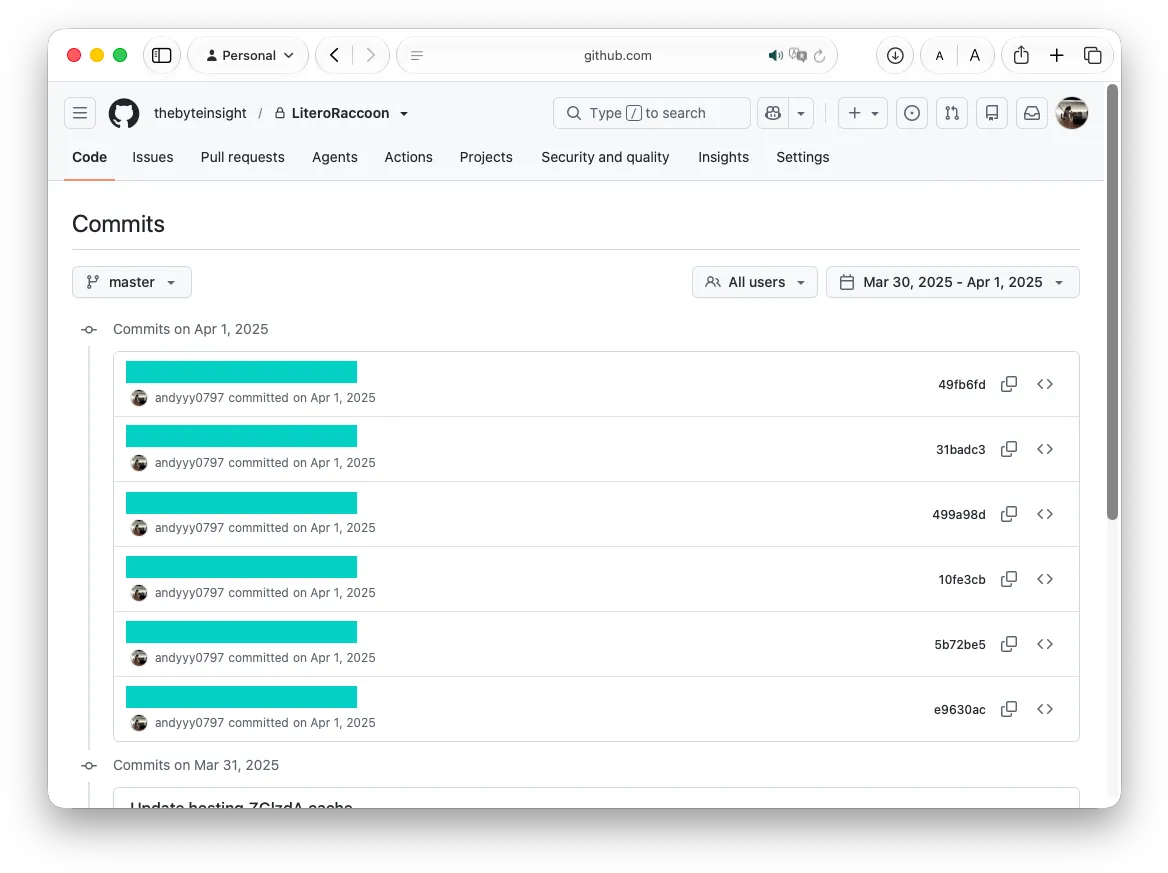 螢幕截圖：2025 年 4 月「文言貍」GitHub Commits 記錄